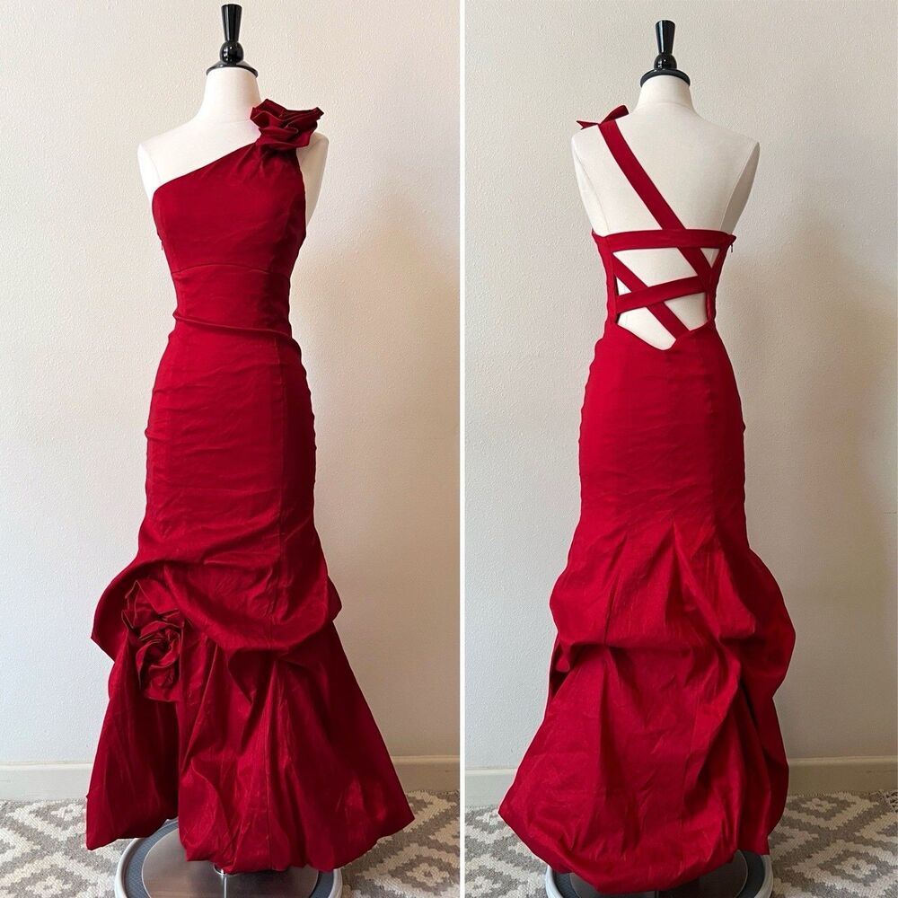 Jessica McClintock Y2K Mermaid Maxi Dress 4 One Shoulder Rosette Red Prom Gown